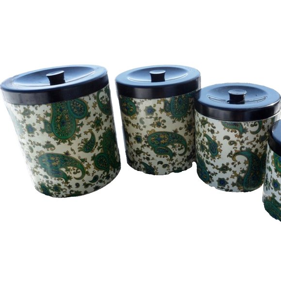 Vintage Kitchen Canister Set Takahashi Nesting Container Green Paisley Tray MCM - Picture 12 of 13